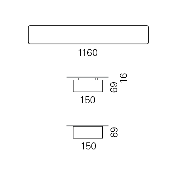 Massskize der Leuchte RHO-R LED DIREKT 150x1160