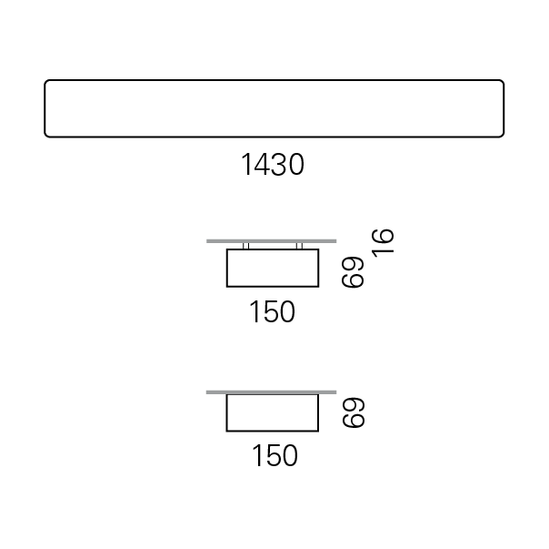 Massskize der Leuchte RHO-R LED DIREKT 150x1430