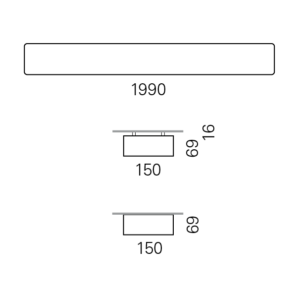 Massskize der Leuchte RHO-R LED DIREKT 150x1990
