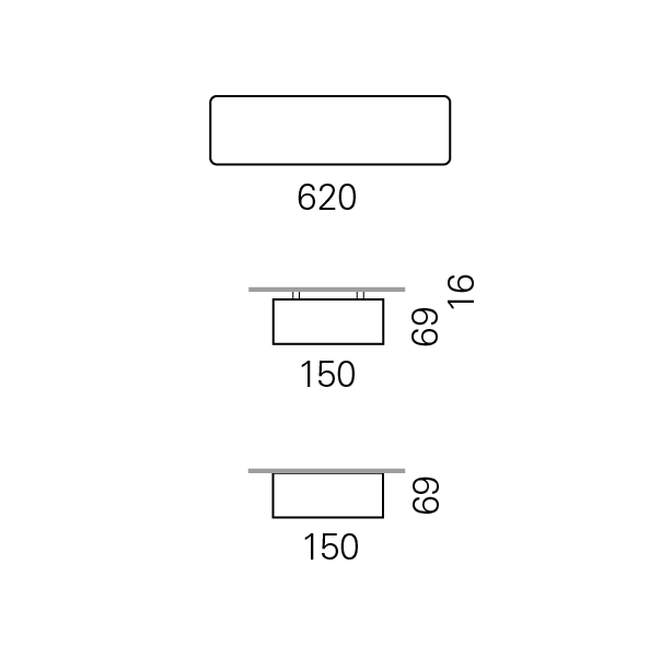 Massskize der Leuchte RHO-R LED DIREKT 150x620