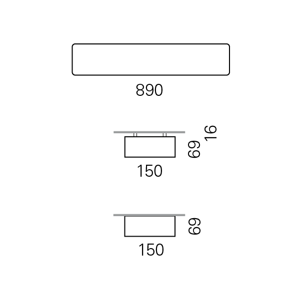 Massskize der Leuchte RHO-R LED DIREKT 150x890