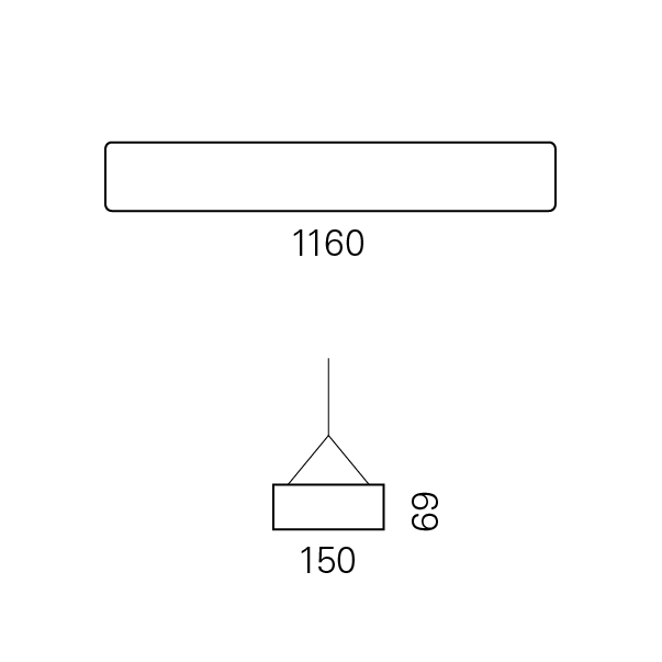 Massskize der Leuchte RHO-R LED PENDEL 150x1160