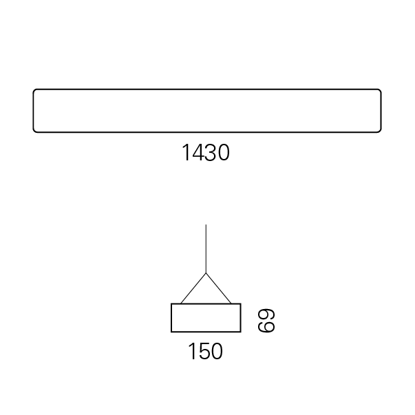 Massskize der Leuchte RHO-R LED PENDEL 150x1430