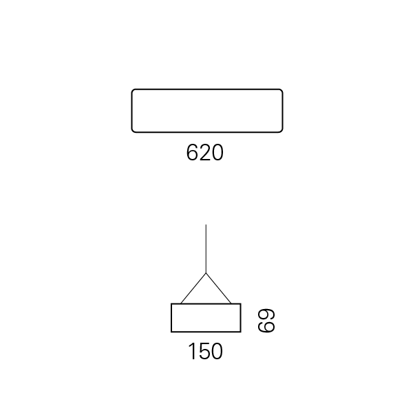 Massskize der Leuchte RHO-R LED PENDEL 150x620